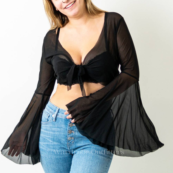 Tops - Goth Sheer Black Flounce Sleeve Wrap Top